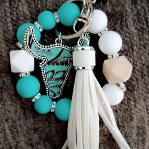 Turquoise and White Beaded Keychain with Tassel